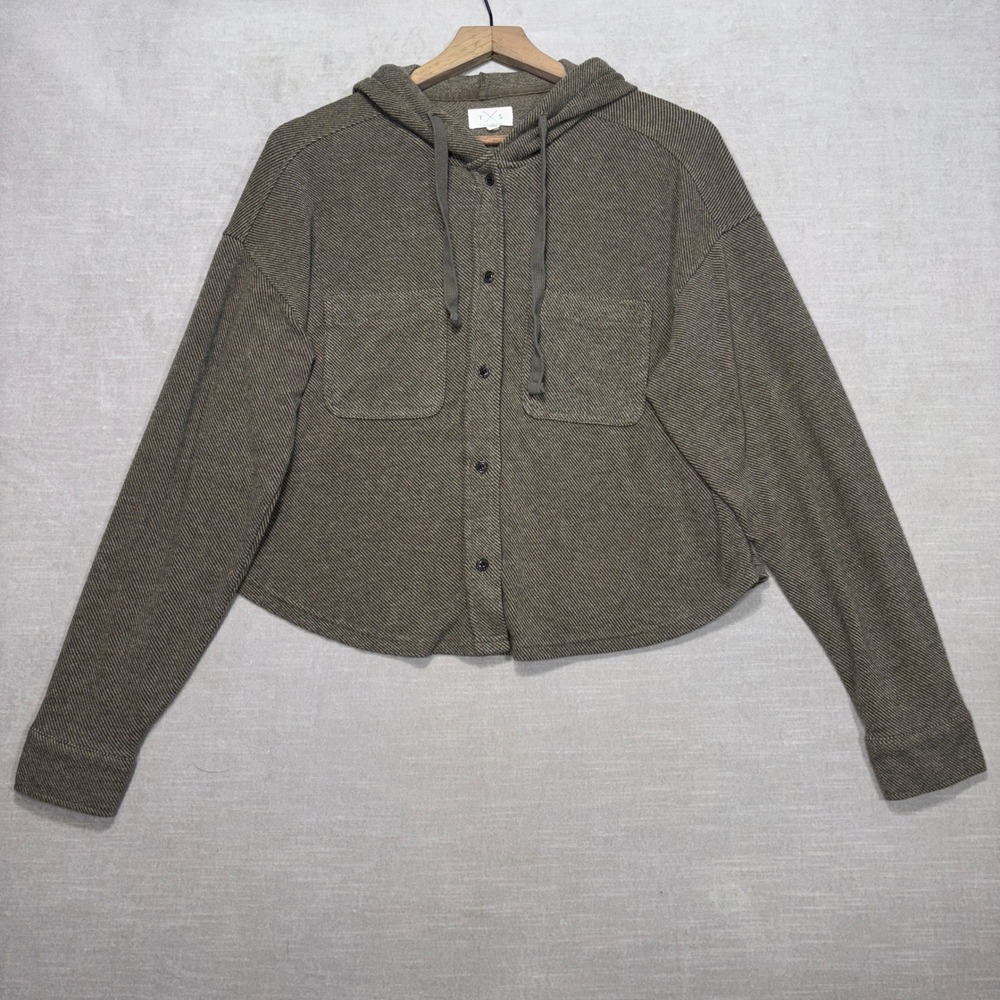 Thread & Supply Cropped Hooded Button Up Shirt Jacket Olive Green Womens Medium‎
